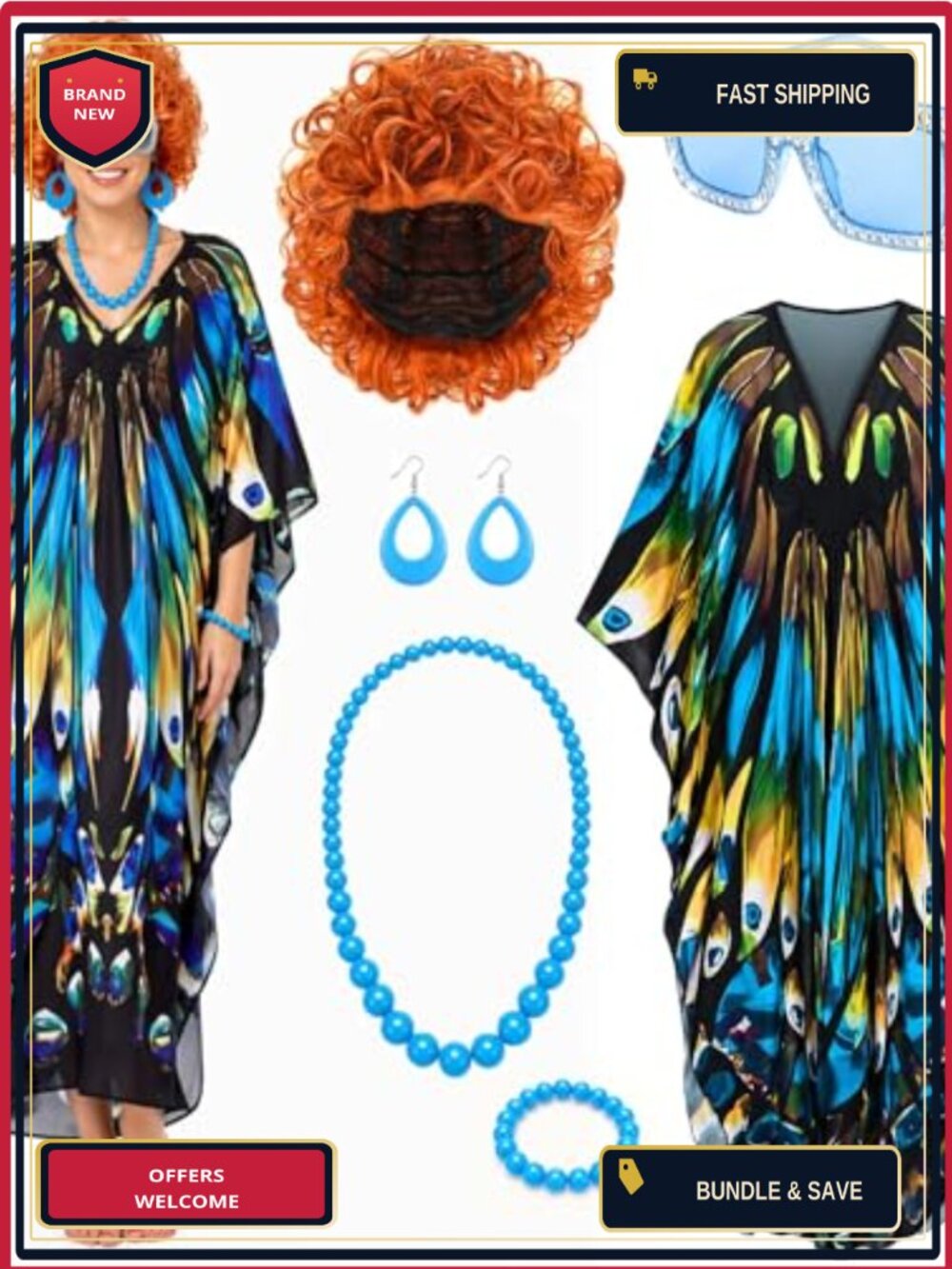 Womens Landlady Costume Set Caftan Dress Wig Jewelry Glasses Luau Halloween